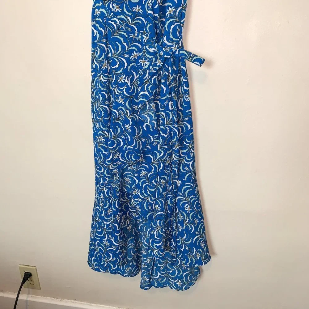 MAX STUDIO Blue Floral Patterned Ruffle Wrap Midi Dress Size L